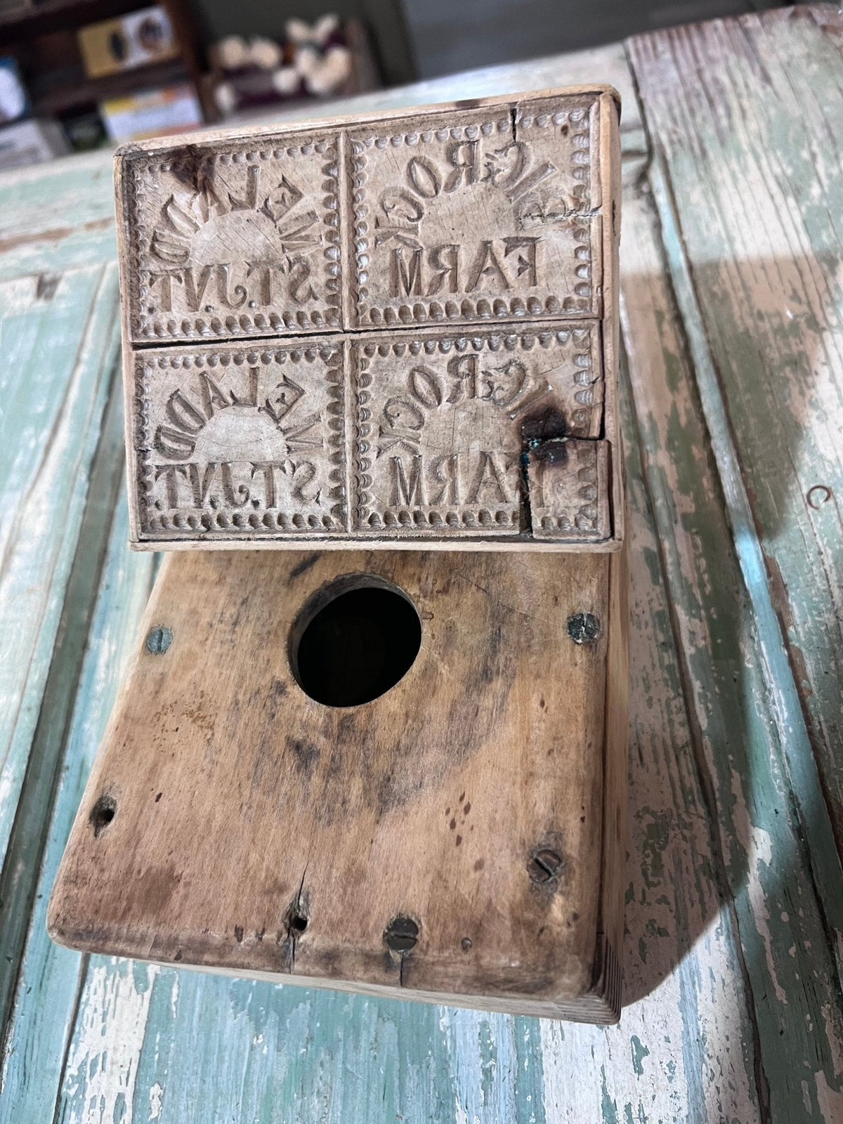 Antique Wood 4 Square Commercial Butter Press - The Mustard Seed Collection, The Seed