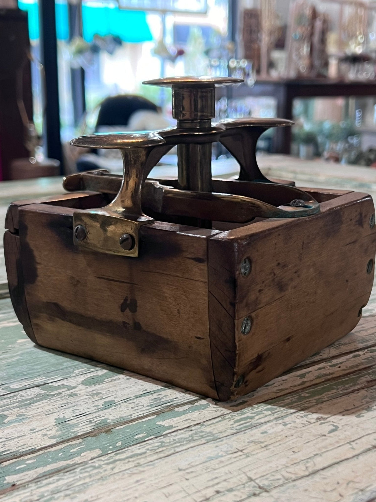 Antique Wood Brass 4 Square Commercial Butter Press - The Mustard Seed Collection, The Seed