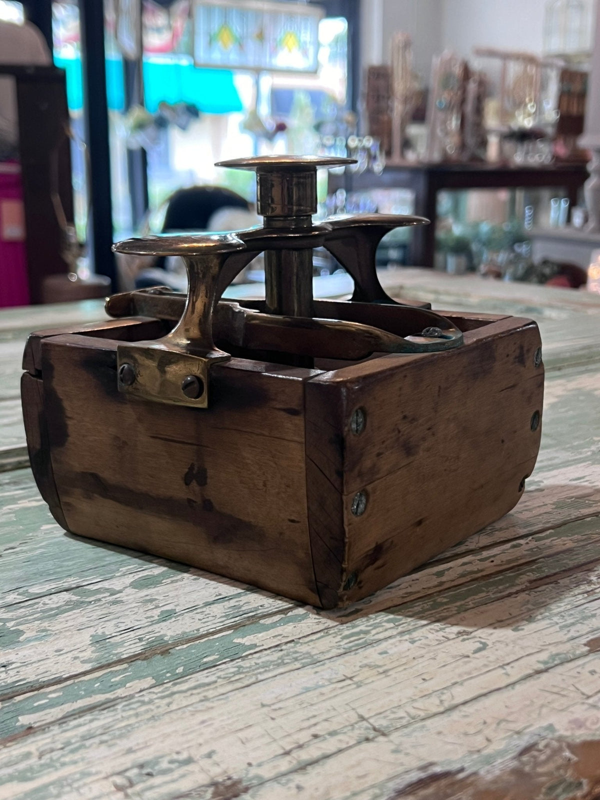 Antique Wood Brass 4 Square Commercial Butter Press - The Mustard Seed Collection, The Seed