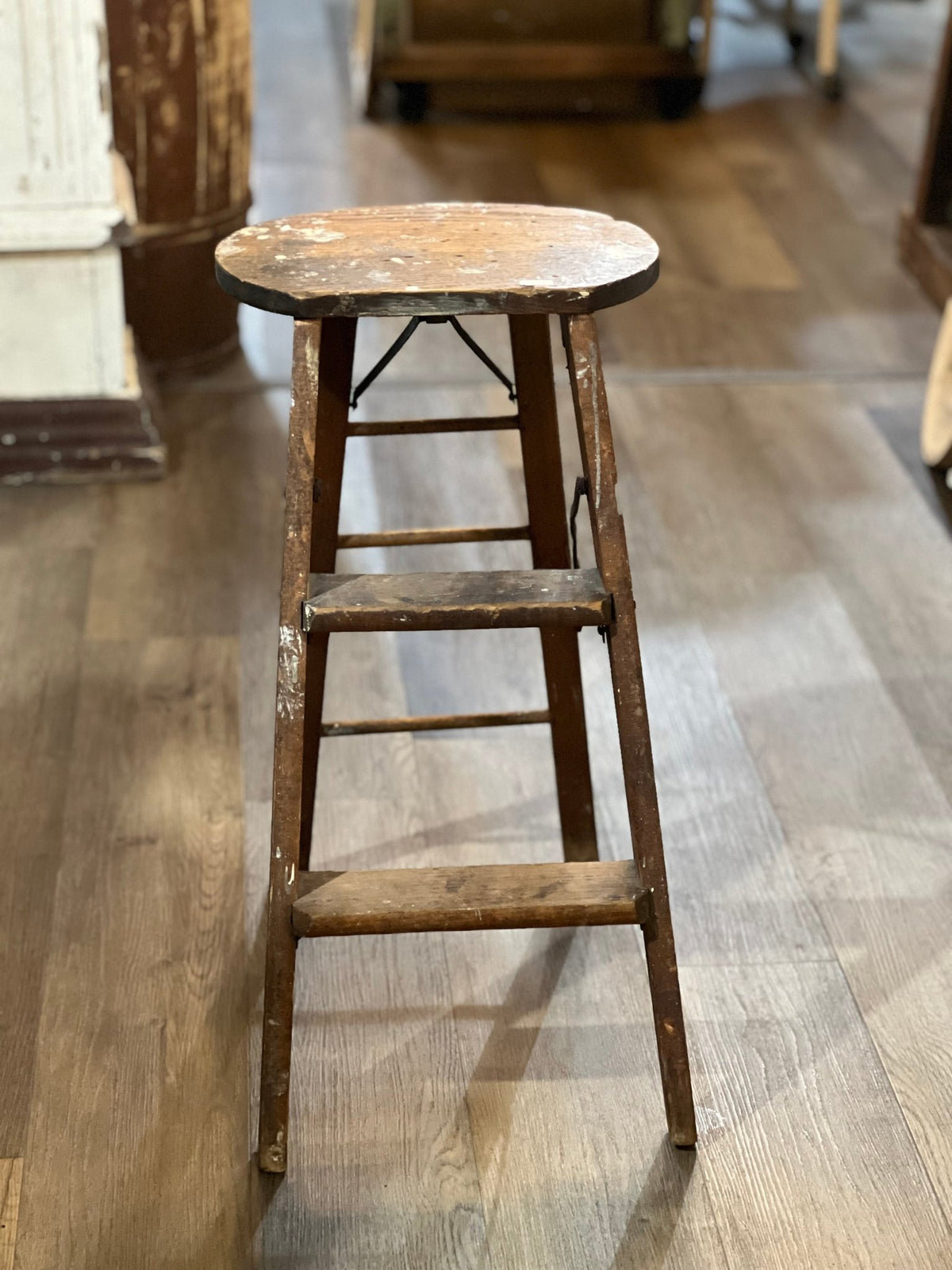 Antique Wood Folding Step Stool - Vintage Painter's Ladder Chair and Rustic Plant Stand - The Mustard Seed Collection, The Seed