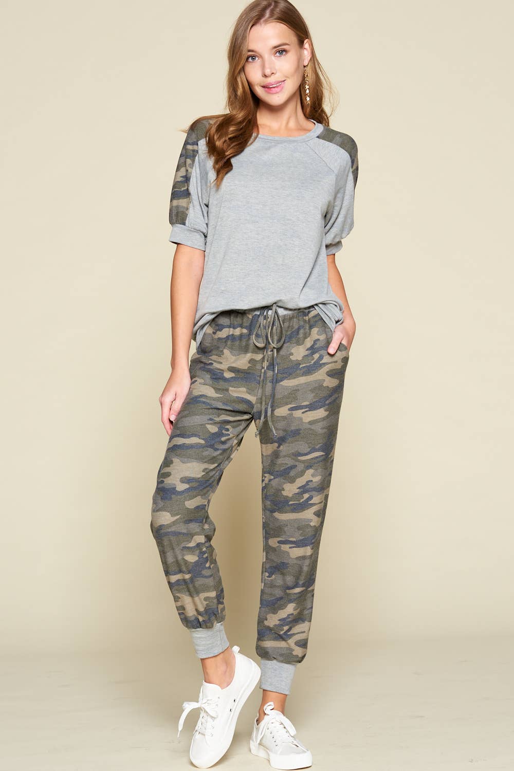 Army Camo Contrast French Terry Casual Top: Grey - The Mustard Seed Collection, The Seed