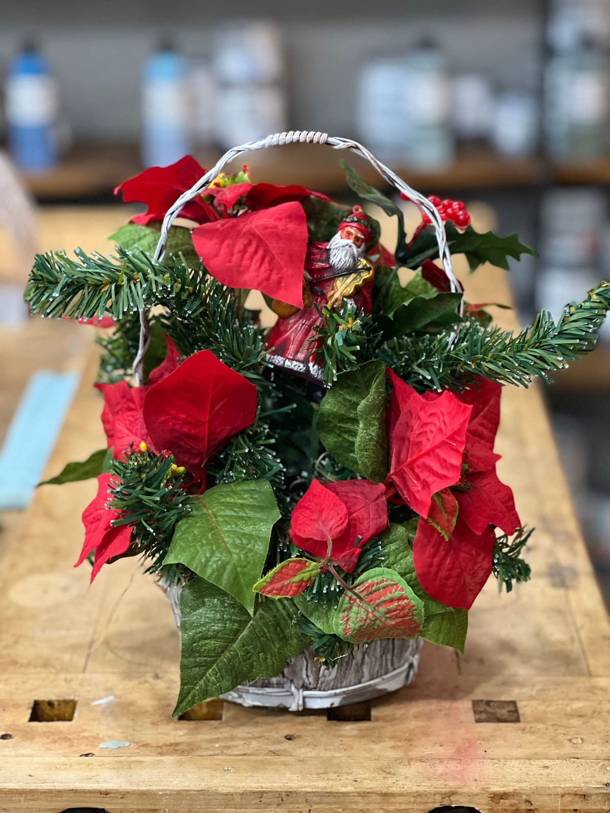 Artificial Christmas Poinsettia and Santa Basket ArrangementChristmas