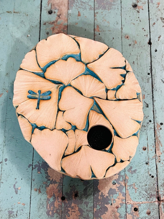 Artisan Ginkgo Leaf & Dragonfly Ceramic Ikebana Flower Frog Vase (2" x 6.5" x 8.25") - The Mustard Seed Collection, The Seed
