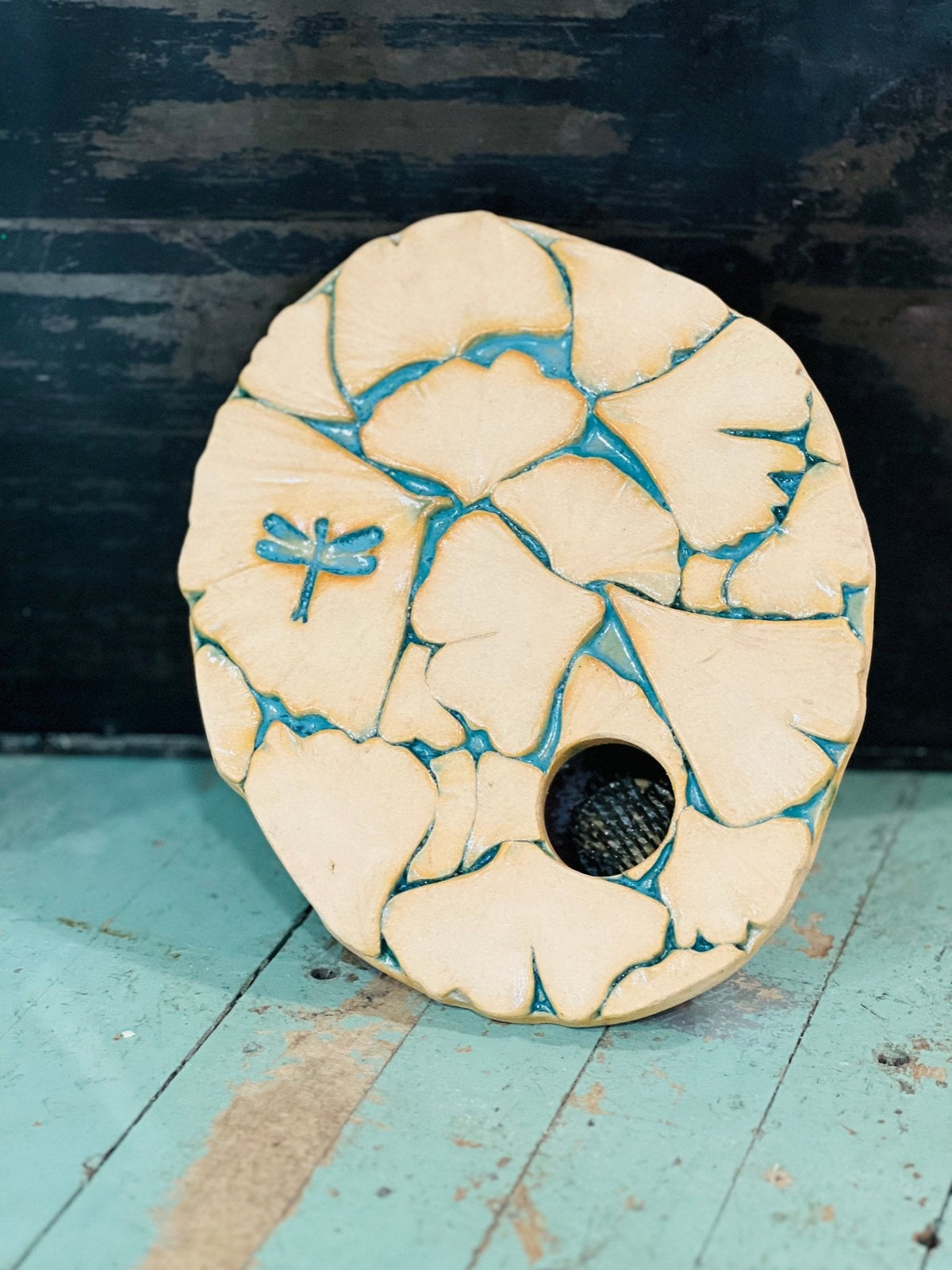 Artisan Ginkgo Leaf & Dragonfly Ceramic Ikebana Flower Frog Vase (2" x 6.5" x 8.25") 