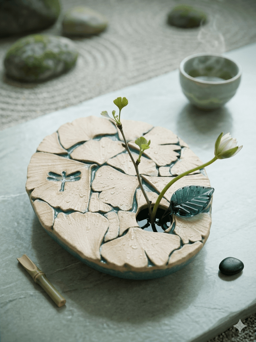Artisan Ginkgo Leaf & Dragonfly Ceramic Ikebana Flower Frog Vase (2" x 6.5" x 8.25") 
