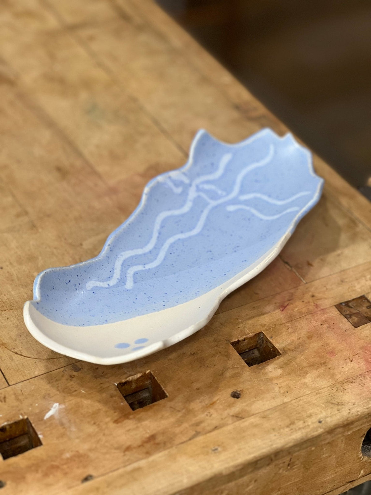 Artisan Periwinkle & Cream Organic Long Ceramic Tray (2" x 10" x 4") 