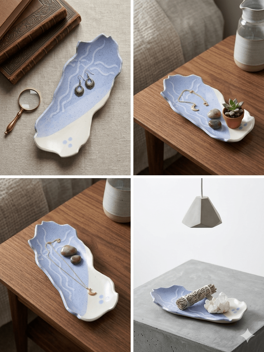 Artisan Periwinkle & Cream Organic Long Ceramic Tray (2" x 10" x 4")