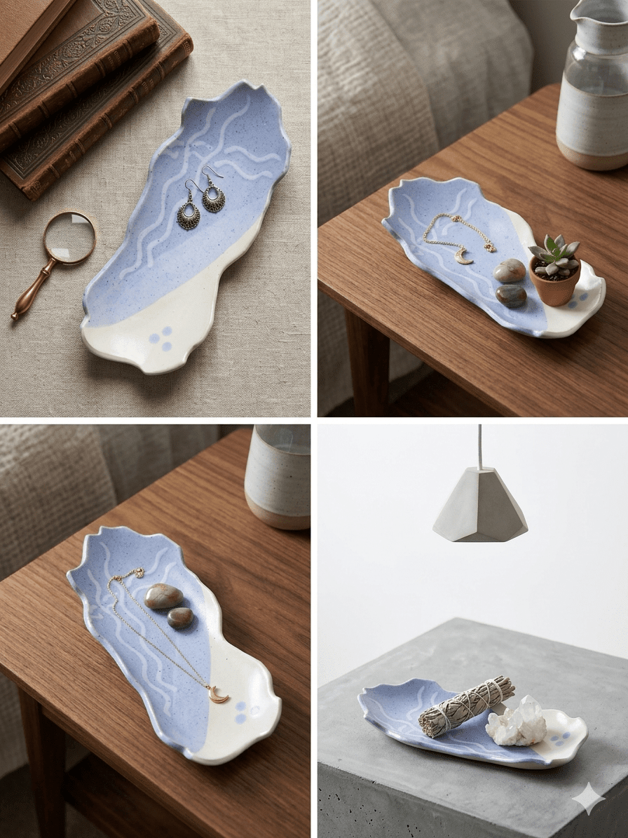Artisan Periwinkle & Cream Organic Long Ceramic Tray (2" x 10" x 4") 