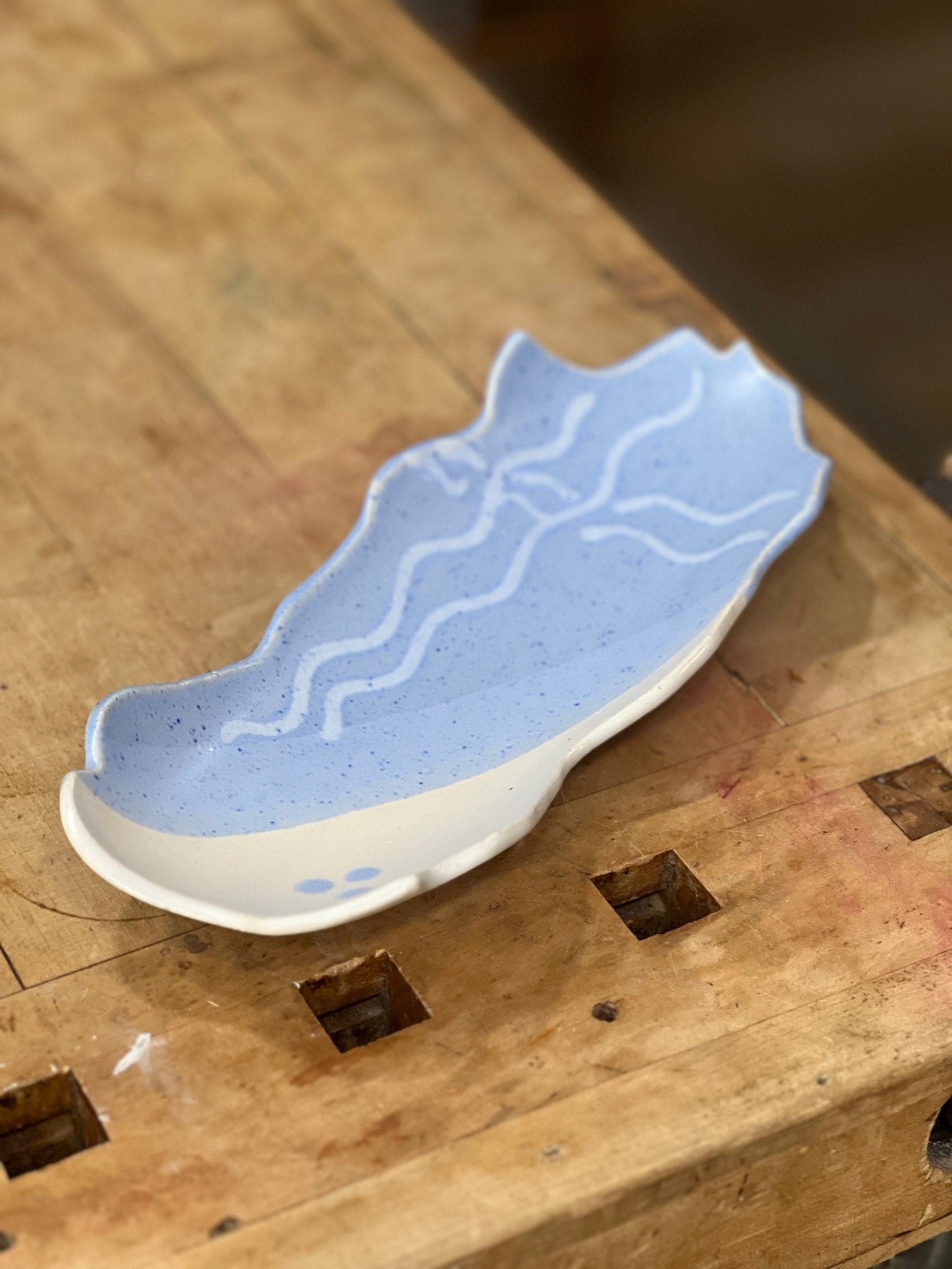 Artisan Periwinkle & Cream Organic Long Ceramic Tray (2" x 10" x 4")