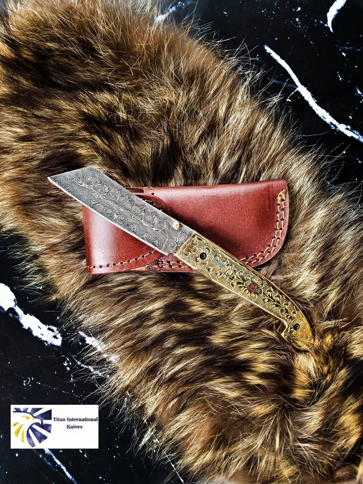 B. Titan Golden Eagle Pocket Knife - Raindrop Damascus folding blade/ Hand engraved - The Mustard Seed Collection, The Seed