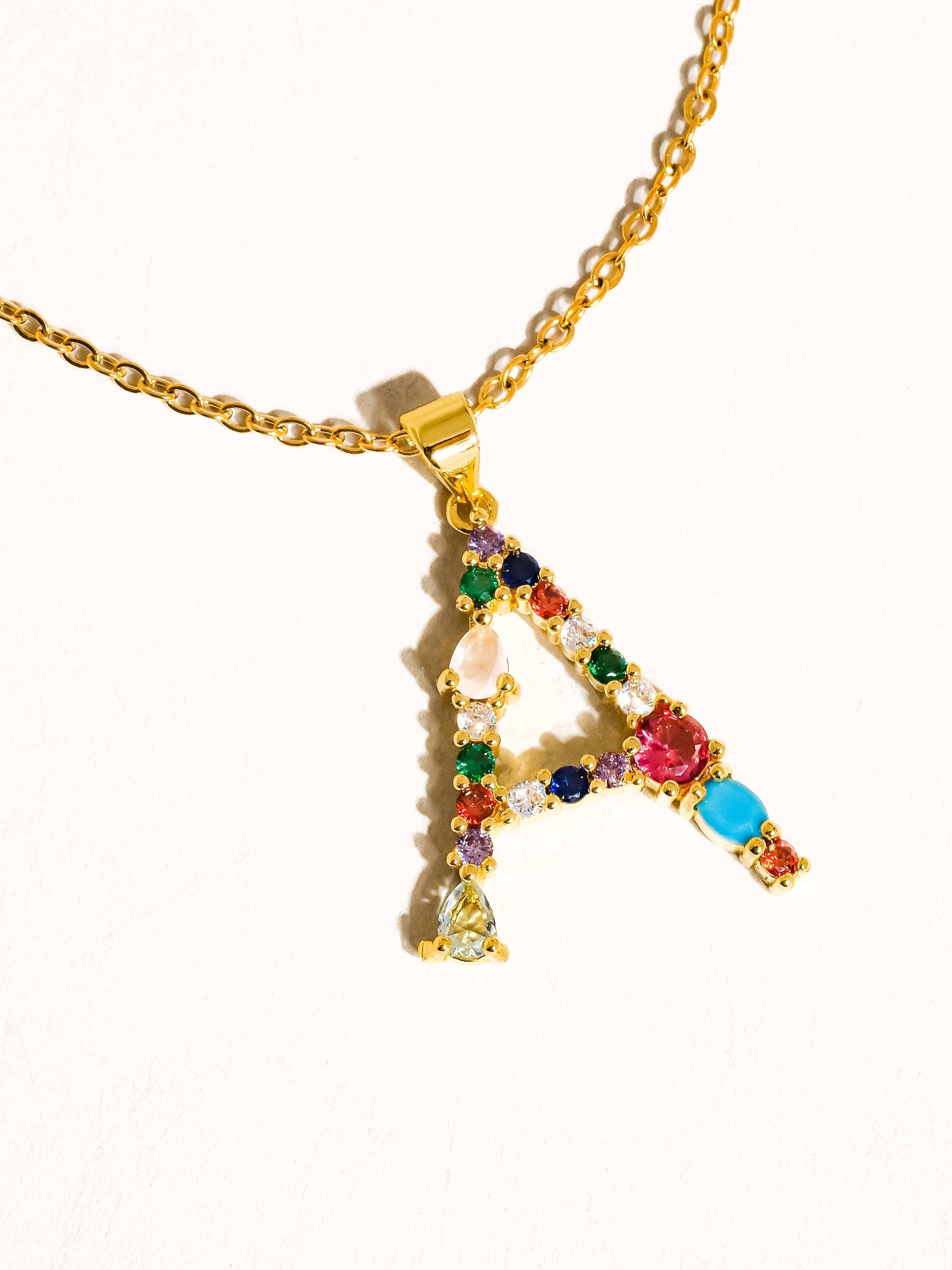 Salomé 18K Gold Non-Tarnish Colorful CZ Initial Necklace: Multi-Colored / M