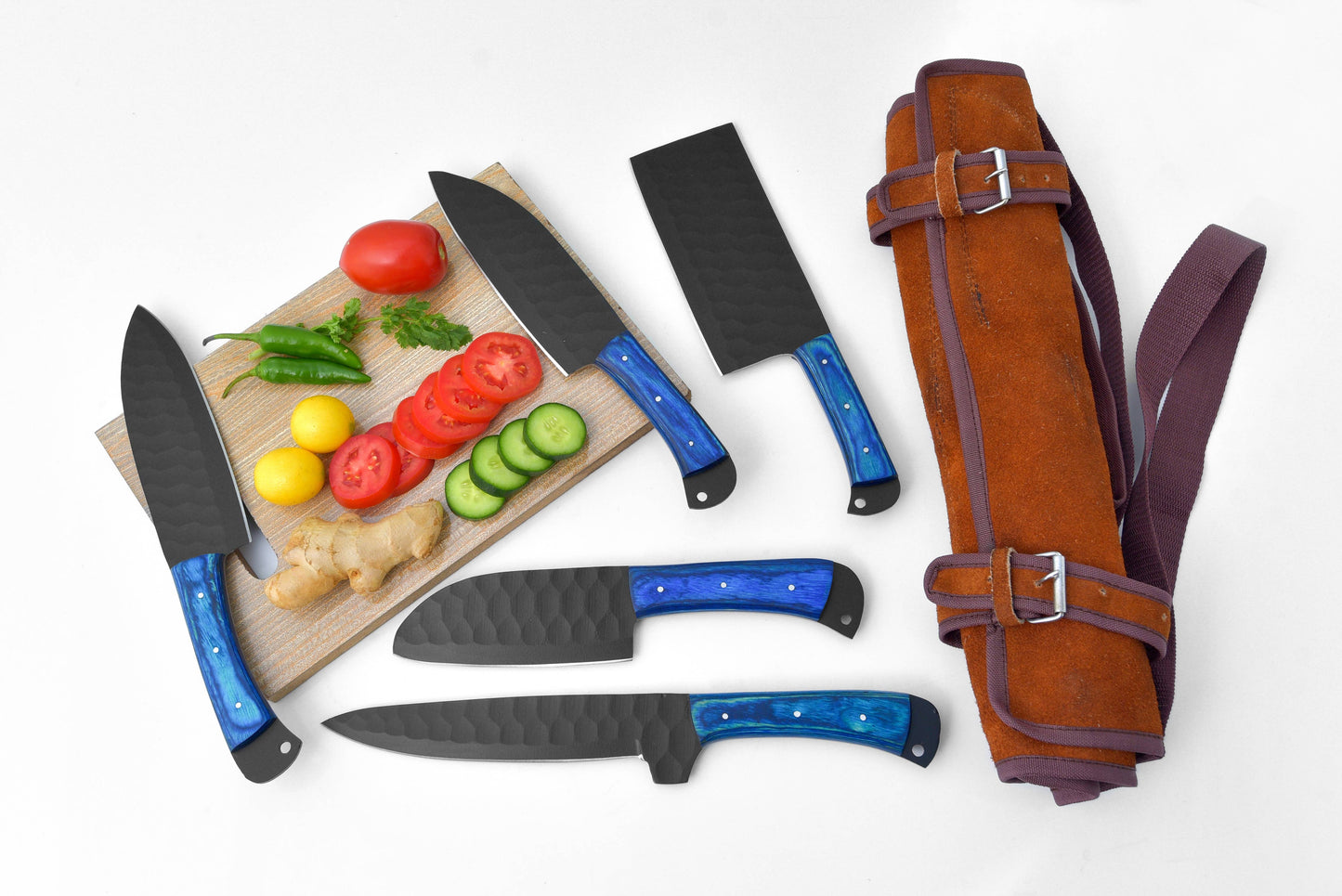 5-Piece Knife Set / With Leather carry Bag: Blue