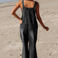 Distressed Pocketed Wide Leg Capri Black Denim Overall