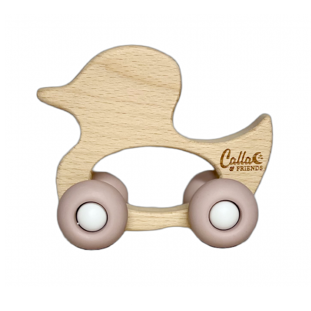 Duck Silicone & Beechwood Teether Toy: Petal Pink