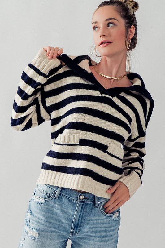 Madison Sailor Collar Stripe Knit Sweater: Navy