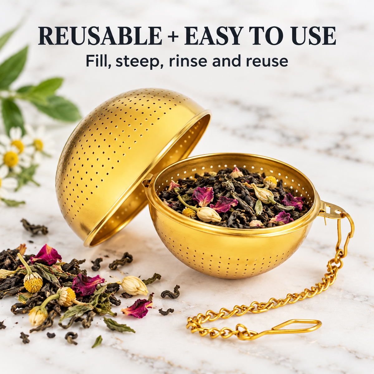 Gold Fine Mesh Tea & Herb Infuser Ball with chain Roots And Leaves