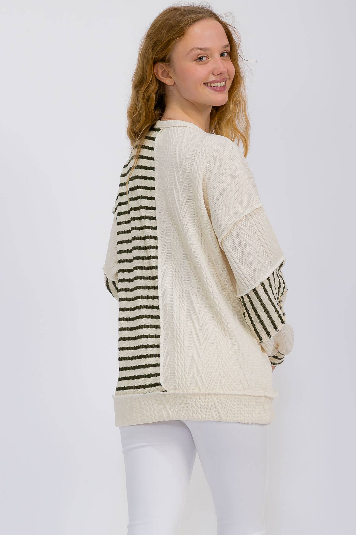 Stripe Cable Knit Patchwork Button Front Pullover Top Olive