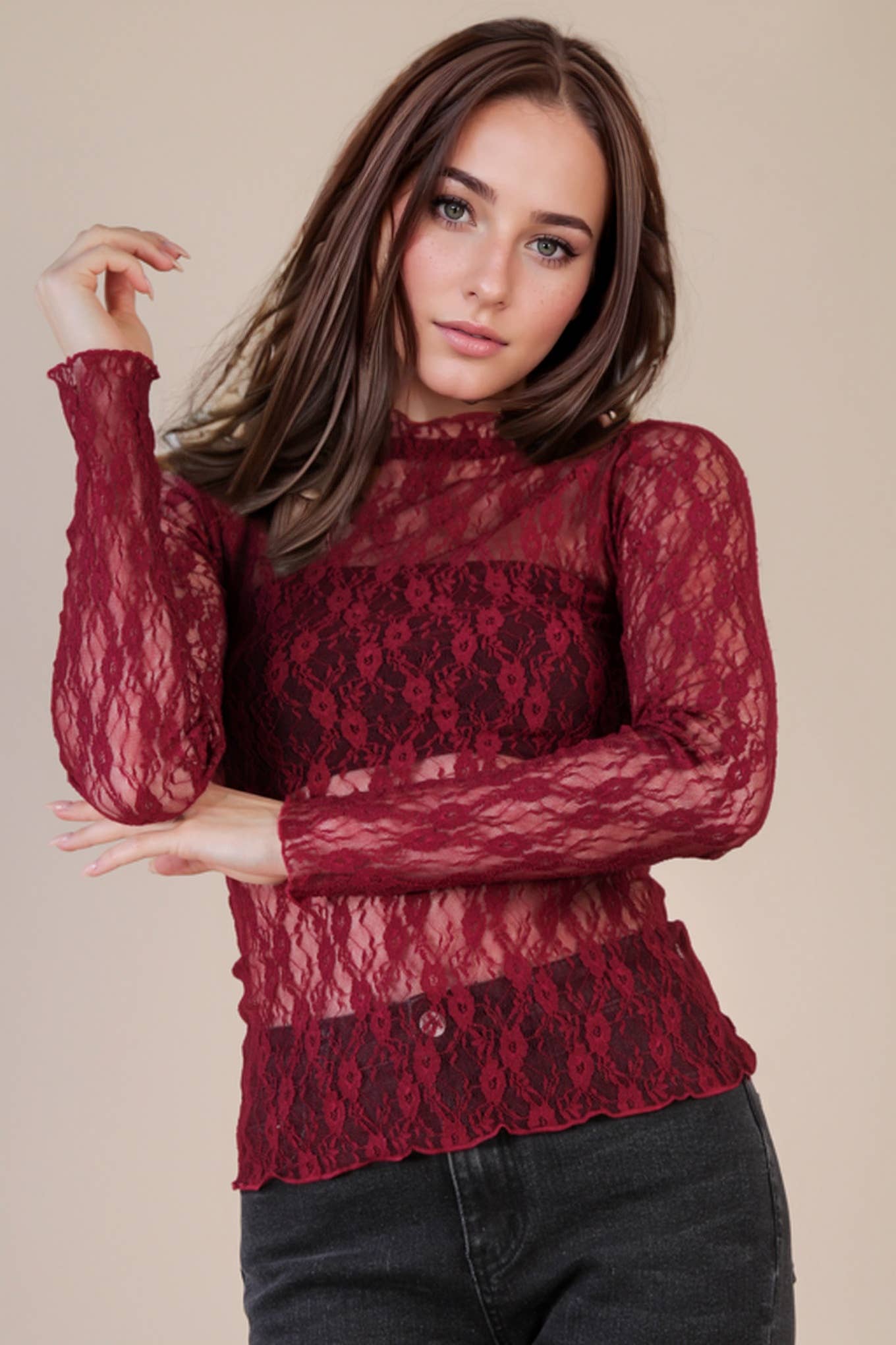 High Neck Fitted Sheer Mesh Lace Knit Top: BLACK BOW