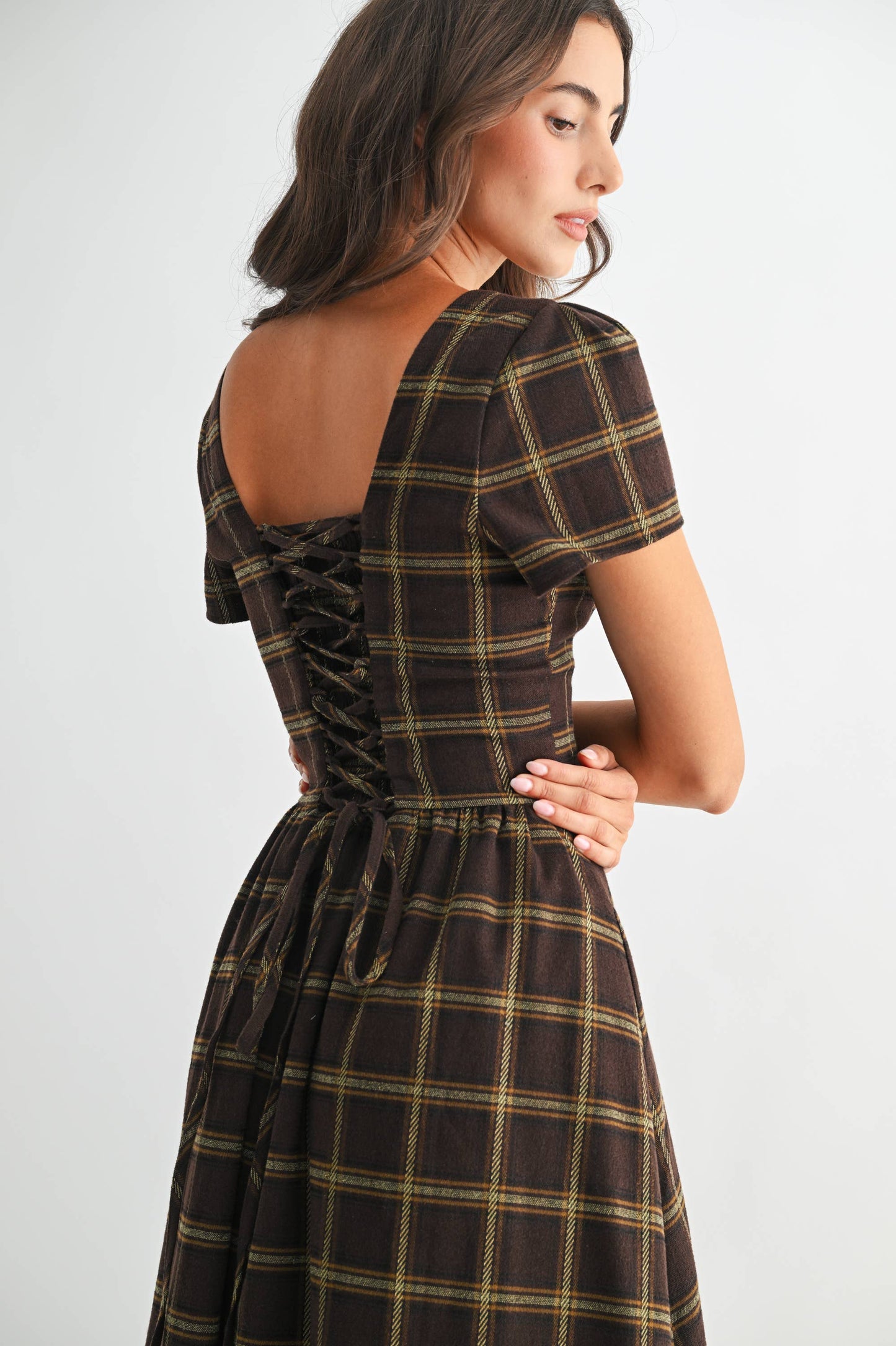 Plaid Button-Down Midi Dress: Brown