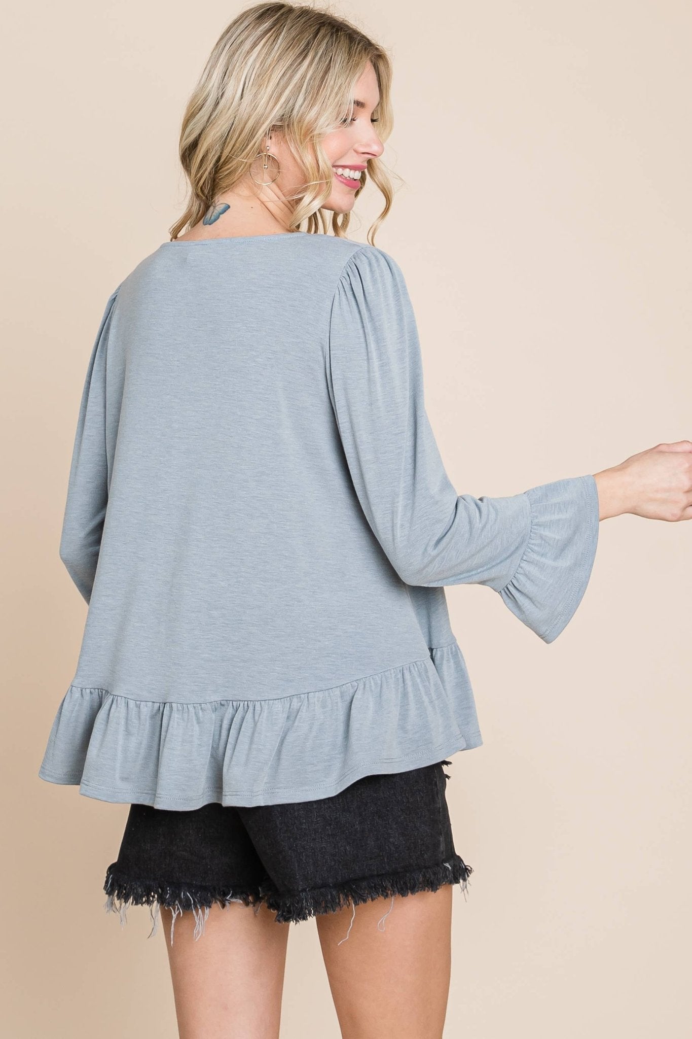 Babydoll Ruffle Hem Solid Top: Grey - The Mustard Seed Collection, The Seed
