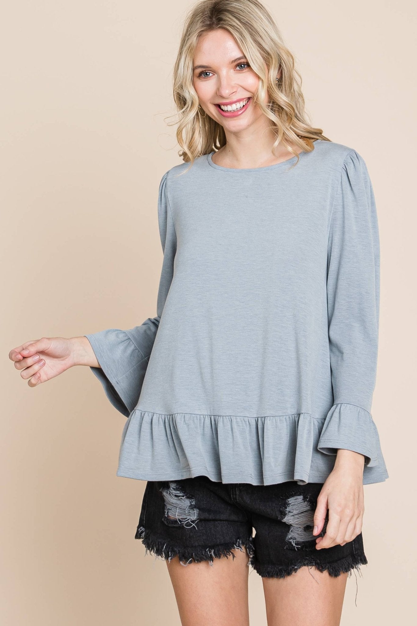 Babydoll Ruffle Hem Solid Top: Grey - The Mustard Seed Collection, The Seed