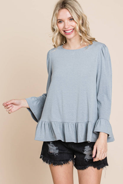 Babydoll Ruffle Hem Solid Top: Grey - The Mustard Seed Collection, The Seed