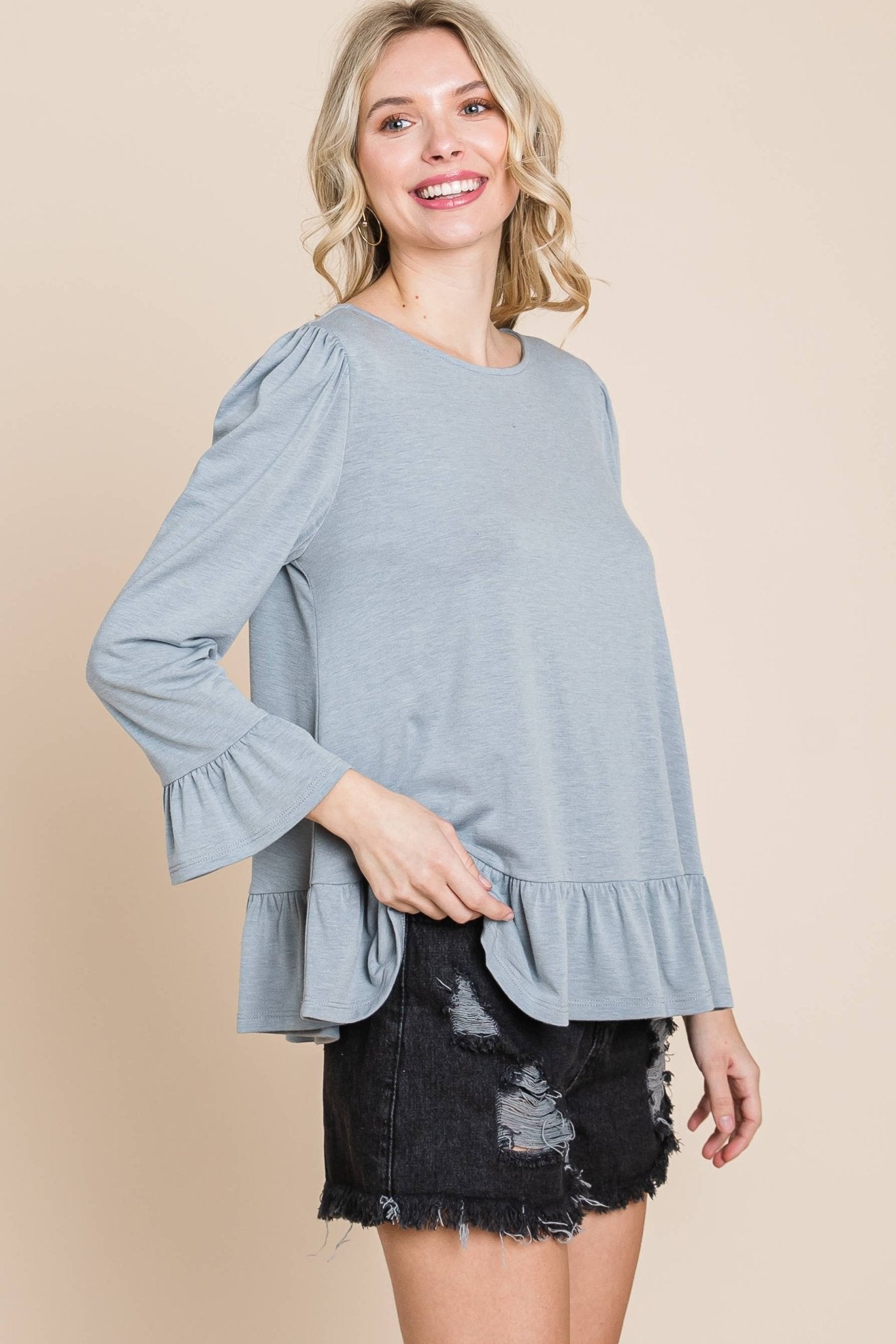 Babydoll Ruffle Hem Solid Top: Grey - The Mustard Seed Collection, The Seed