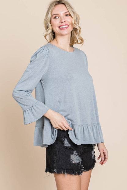 Babydoll Ruffle Hem Solid Top: Grey - The Mustard Seed Collection, The Seed