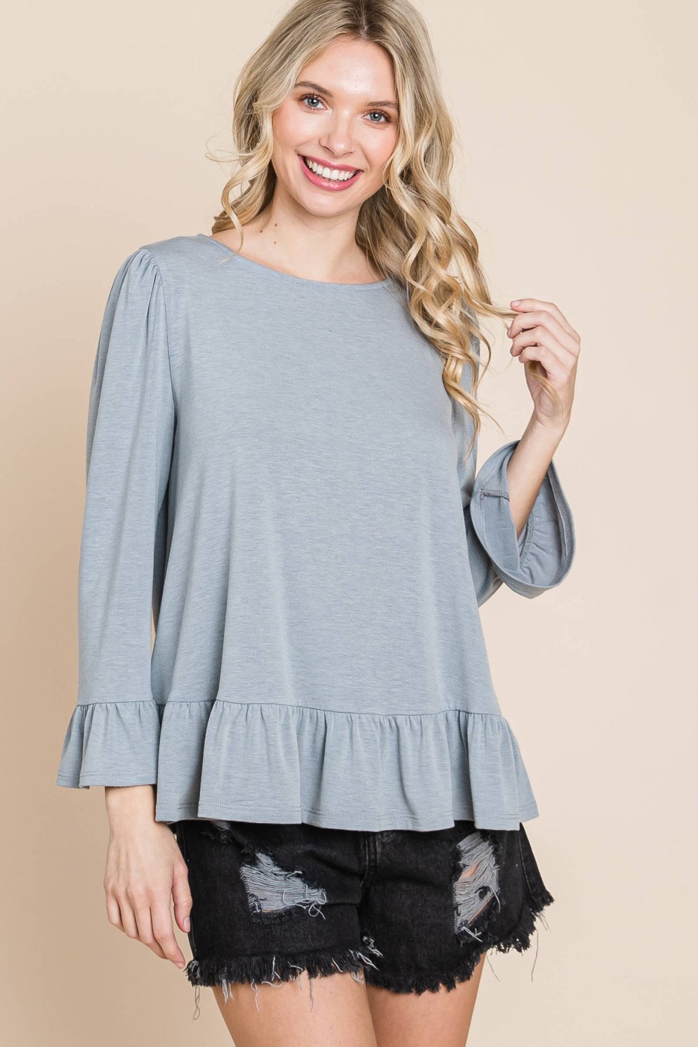 Babydoll Ruffle Hem Solid Top: Grey - The Mustard Seed Collection, The Seed