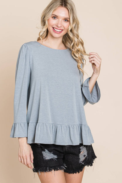 Babydoll Ruffle Hem Solid Top: Grey - The Mustard Seed Collection, The Seed