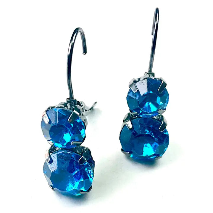 Double Rhinestone Back Latch Capri Blue Earrings