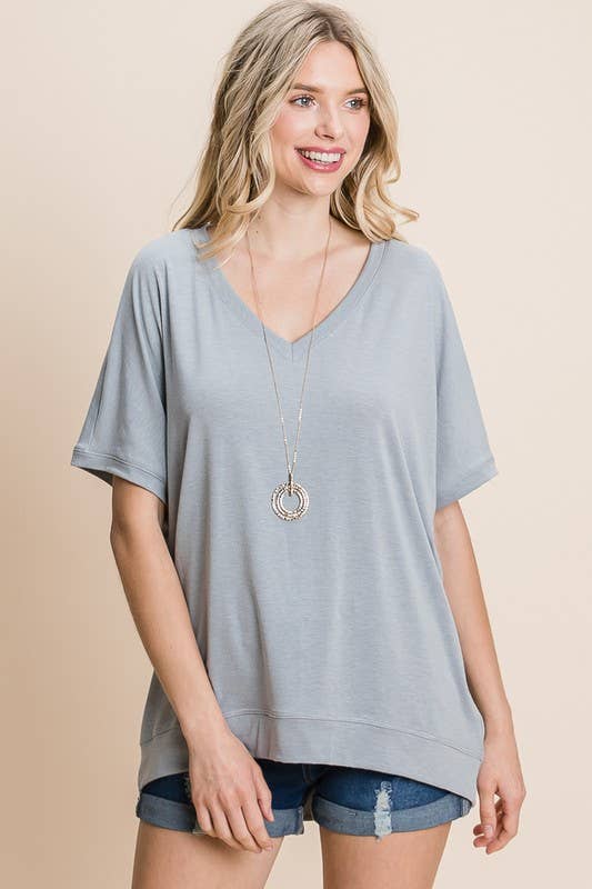 Basic V Neck Casual Solid Top: Grey 