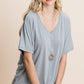 Basic V Neck Casual Solid Top: Grey 