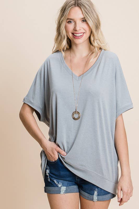 Basic V Neck Casual Solid Top: Grey 