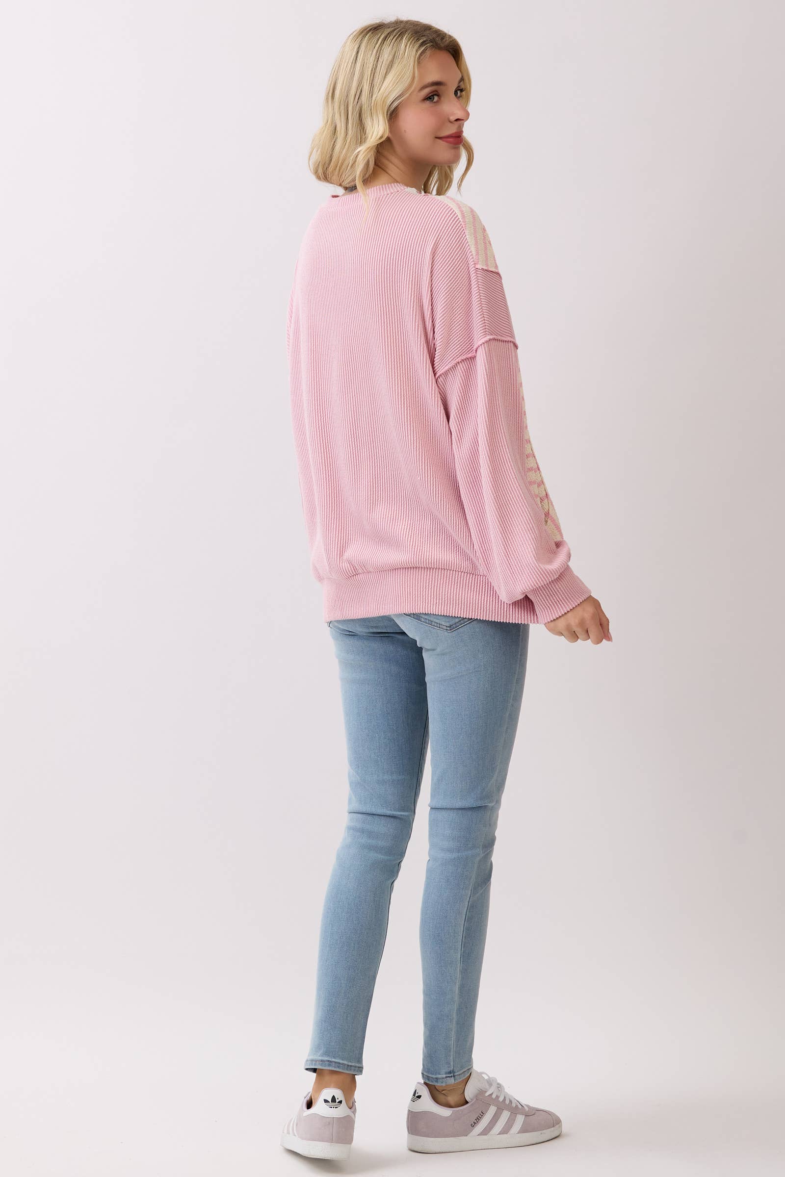 Fondant Pink Floral Rib Patchwork Pullover Top
