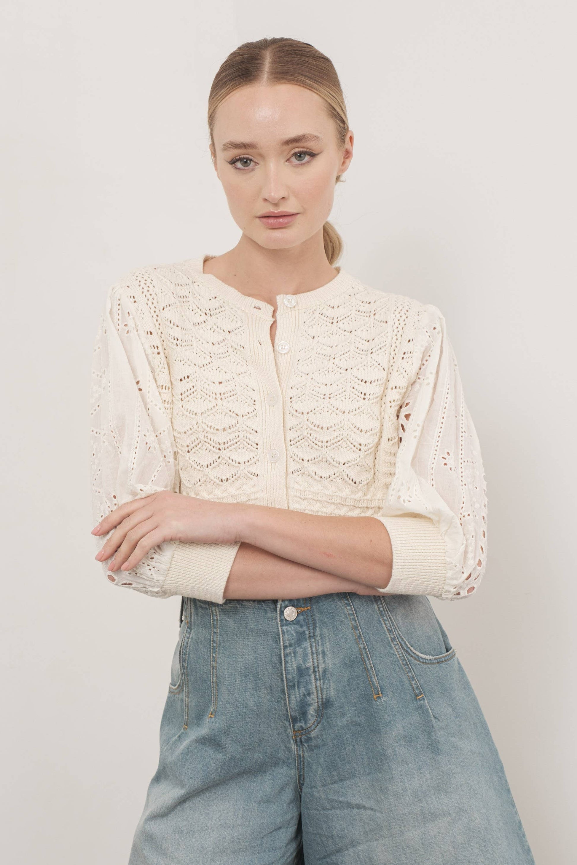The Poppy 3/4 Sleeve Sweater in Cream Small