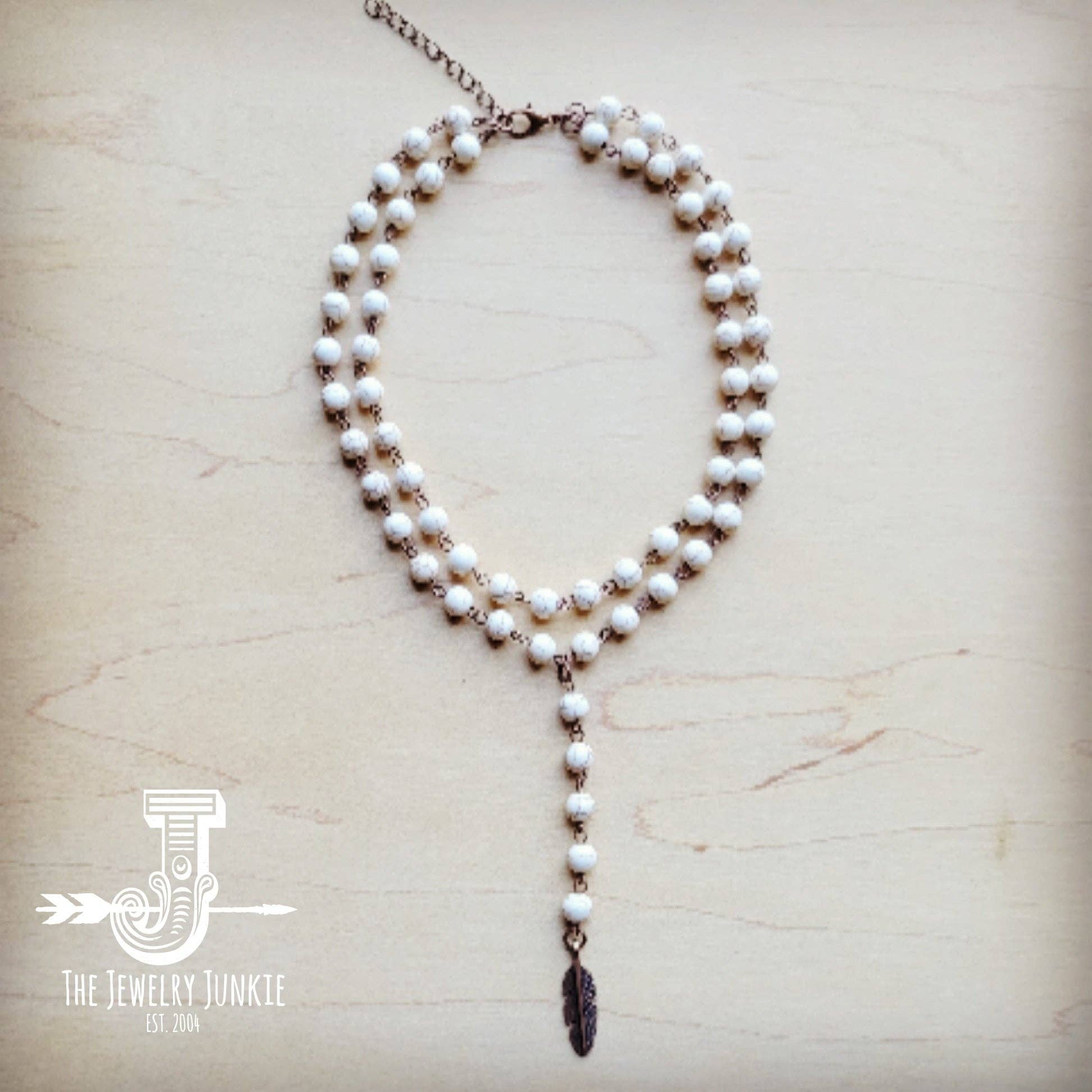 Double Strand Lariat White Turquoise Necklace Feather Charm