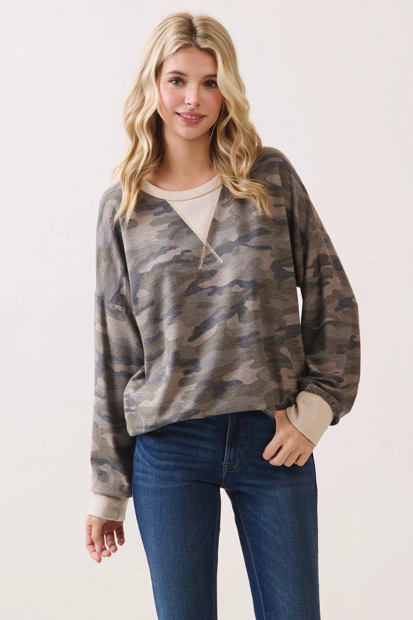 Camo Terry Knit Pullover Top: Camo/Beige