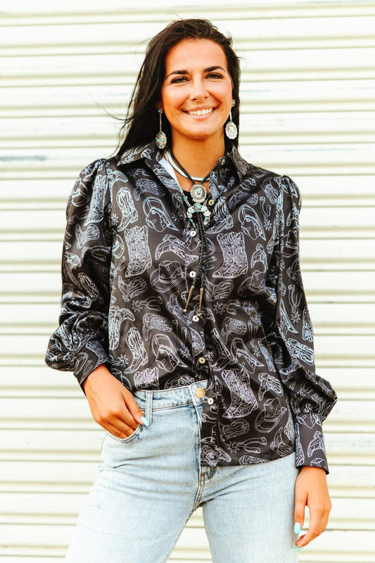 Satin Black Western Blouse