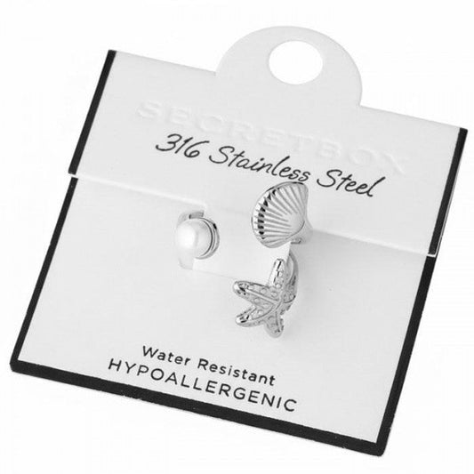 Metal Tone Starfish & Shell Wrap Ring With Pearl Detail