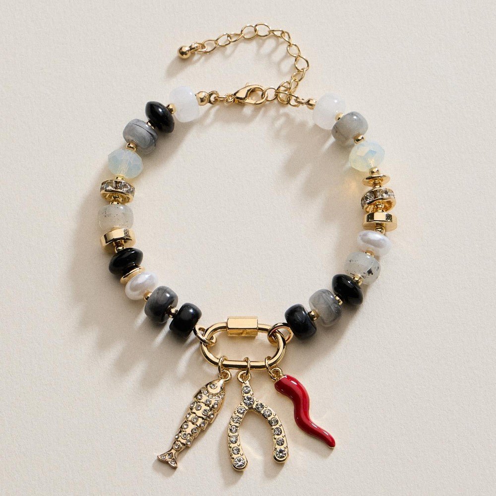 Beaded Bracelet Featuring Fish, Wishbone, & Pepper Charms 