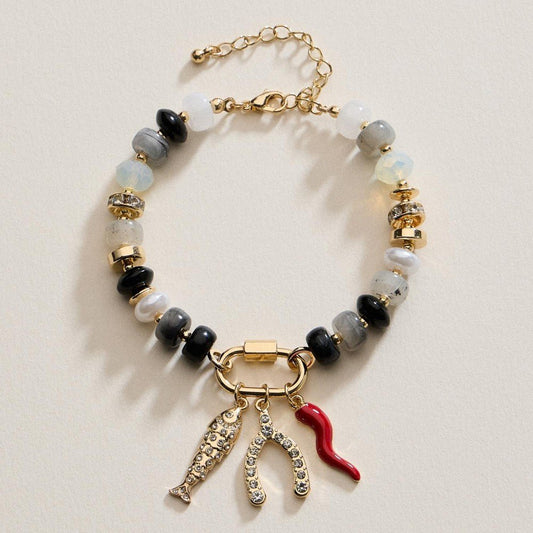 Beaded Bracelet Featuring Fish, Wishbone, & Pepper Charms 