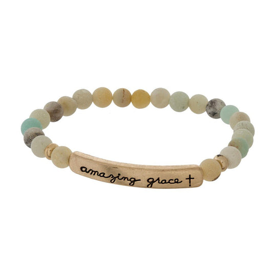 Beaded stretch bracelet with a bar focal, stamped with "amazing grace." Amazonite - The Mustard Seed Collection, The Seed