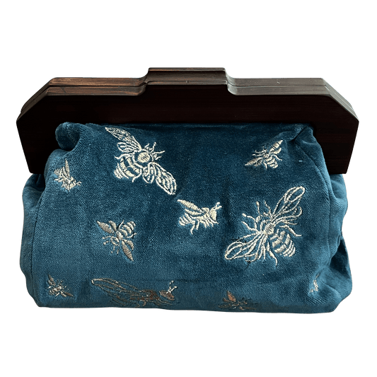 Bees on Royal Blue Pure Cotton Velvet Clutch Bag - The Mustard Seed Collection, The Seed