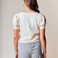 Beige Scallop Edge Puff Sleeve Crop Knit Sweater