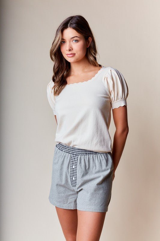 Beige Scallop Edge Puff Sleeve Crop Knit Sweater