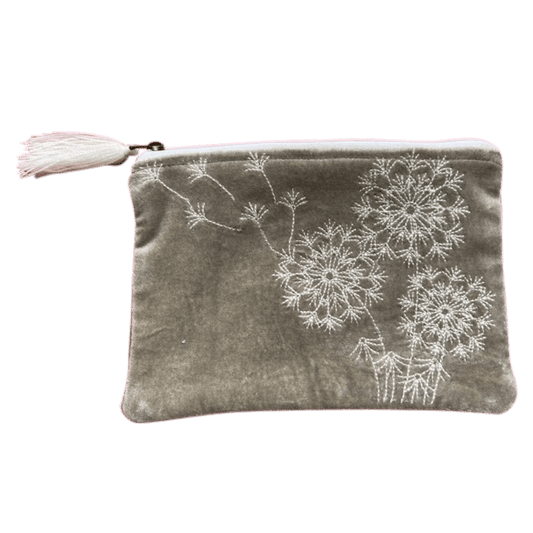 Beige Velvet Embroidered Dandelion Coin Purse for Women: Large - The Mustard Seed Collection, The Seed