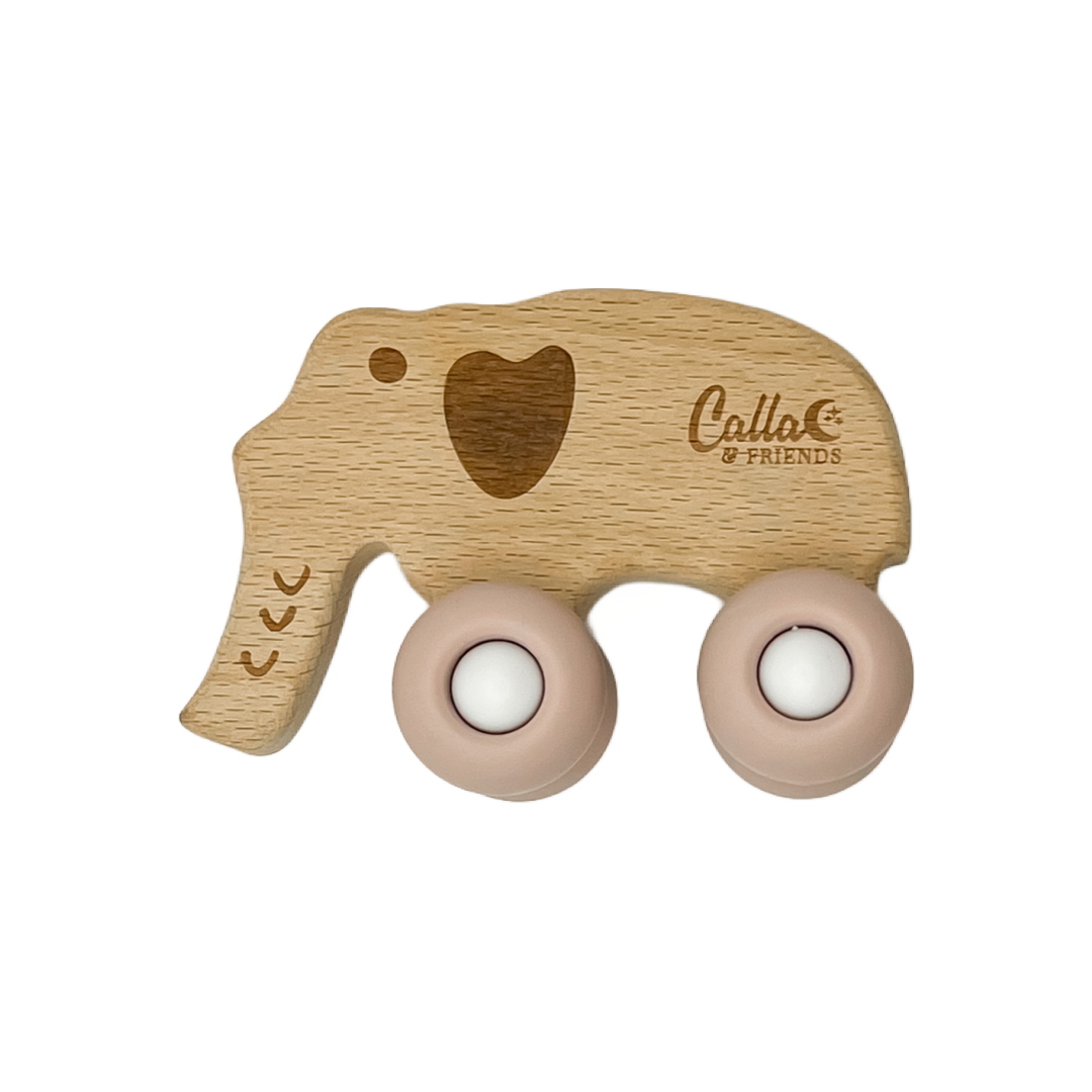 Elephant Silicone & Beechwood Teether Toy: Petal Pink