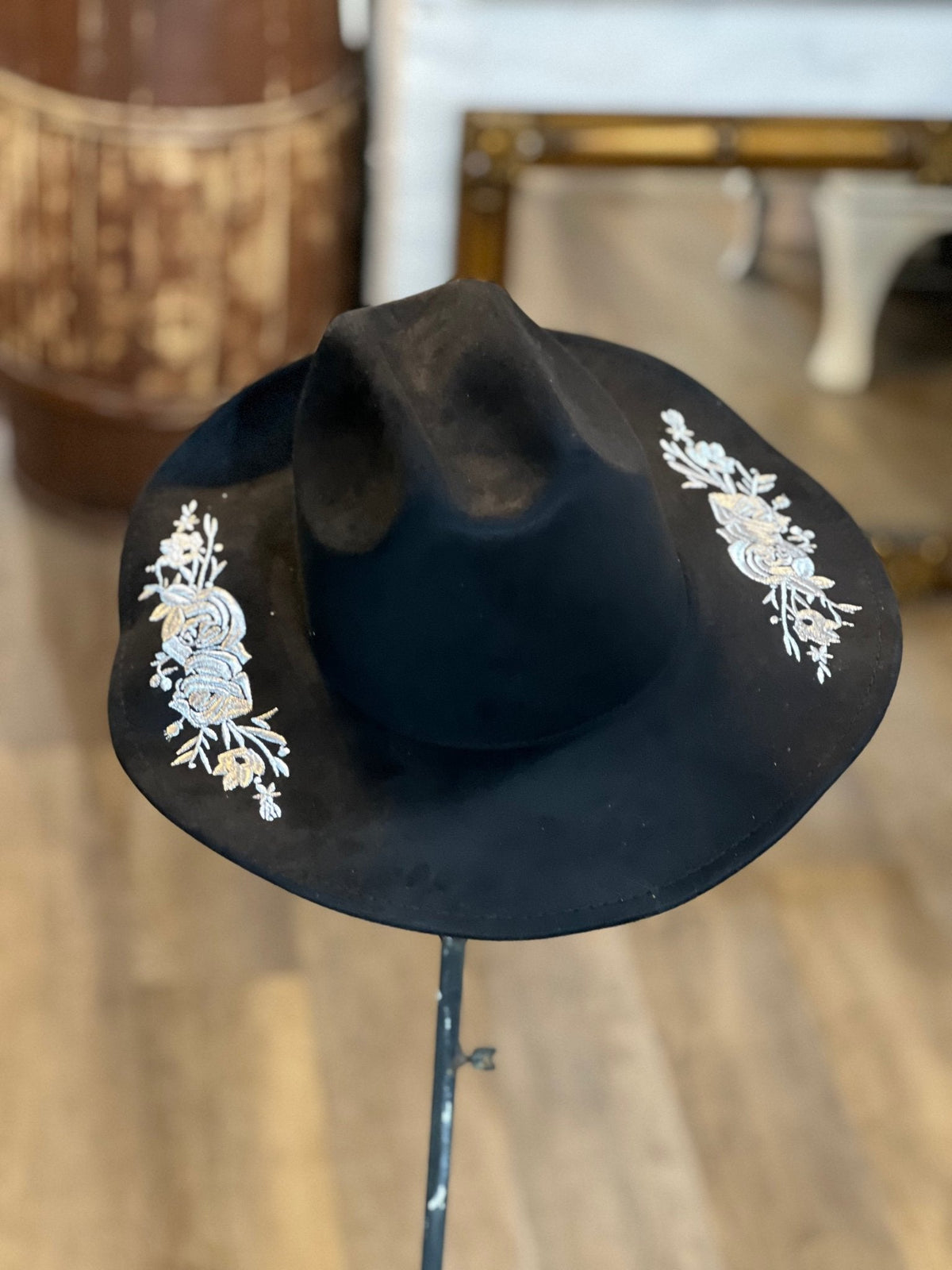 Black Cowboy Hat with White Embroidered Roses 