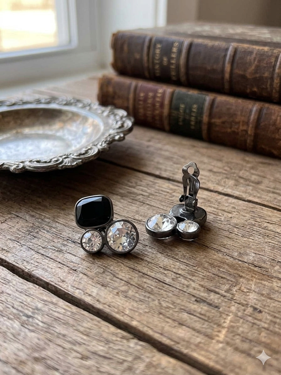 Retro Midnight Black &amp; Clear Crystal Cluster Clip-On Earrings – 0.75" x 1" Statement Earrings